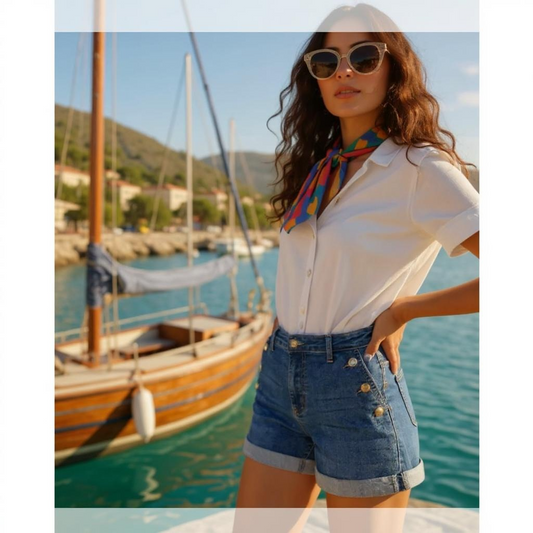 Mid Blue Denim High Waisted Stretch Denim Shorts