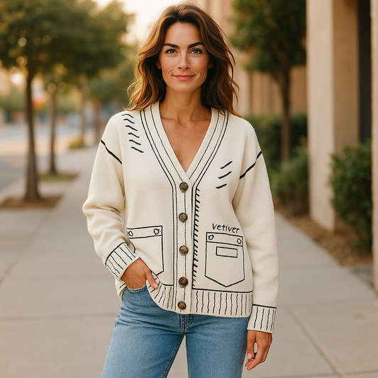White Doodle Long Sleeves Knitted Cardigan