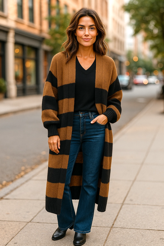 Woman wearing a long brown and black striped cardigan on a city street.