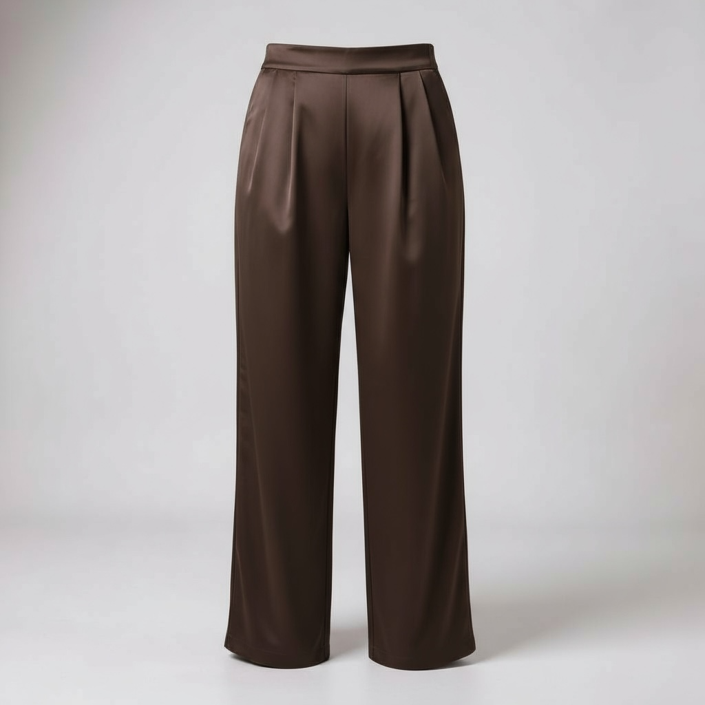 Chocolate Satin Pleat Front Elastic Back Wide Leg Trousers