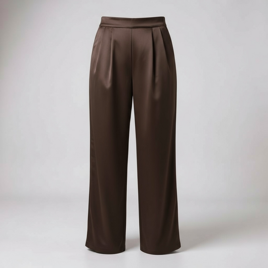 Chocolate Satin Pleat Front Elastic Back Wide Leg Trousers