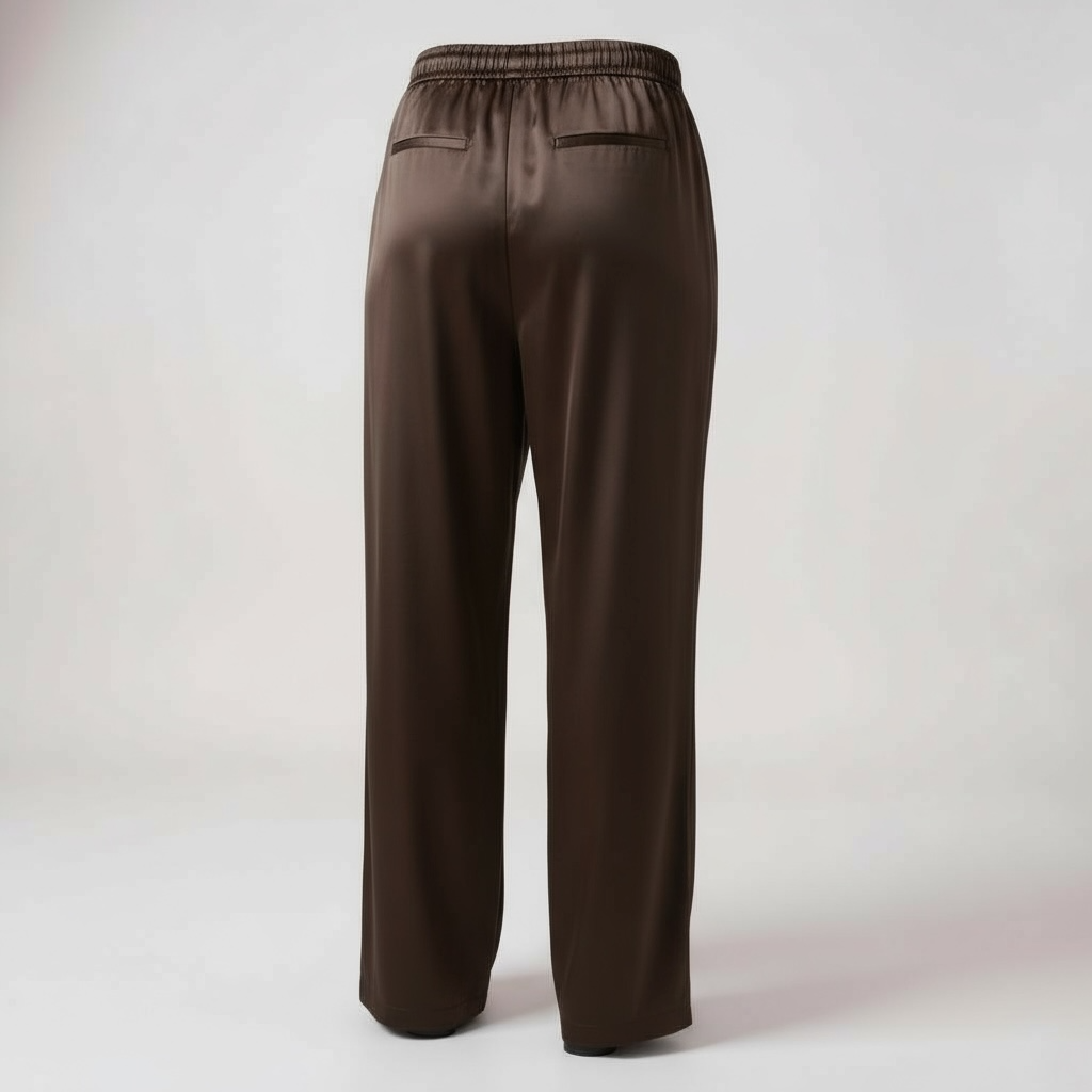 Chocolate Satin Pleat Front Elastic Back Wide Leg Trousers