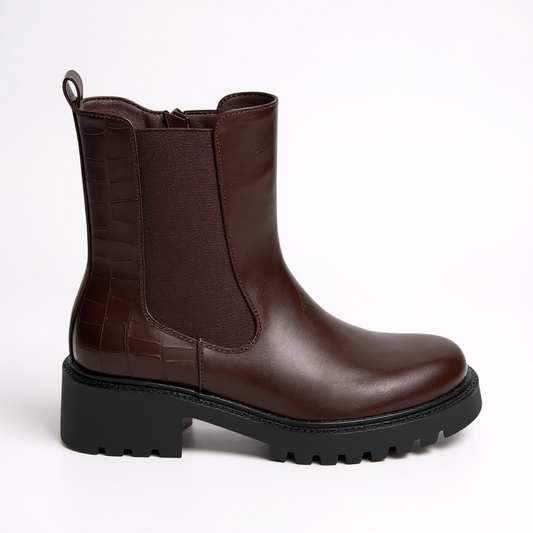 Bordeaux Croc Back Chunky Sole Ankle Boot