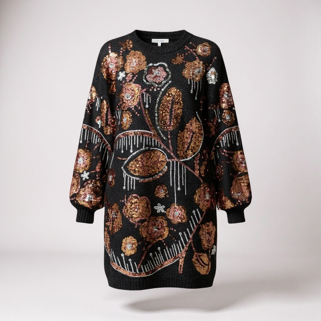 Floral Pattern Sequin Jumper Dress In Black