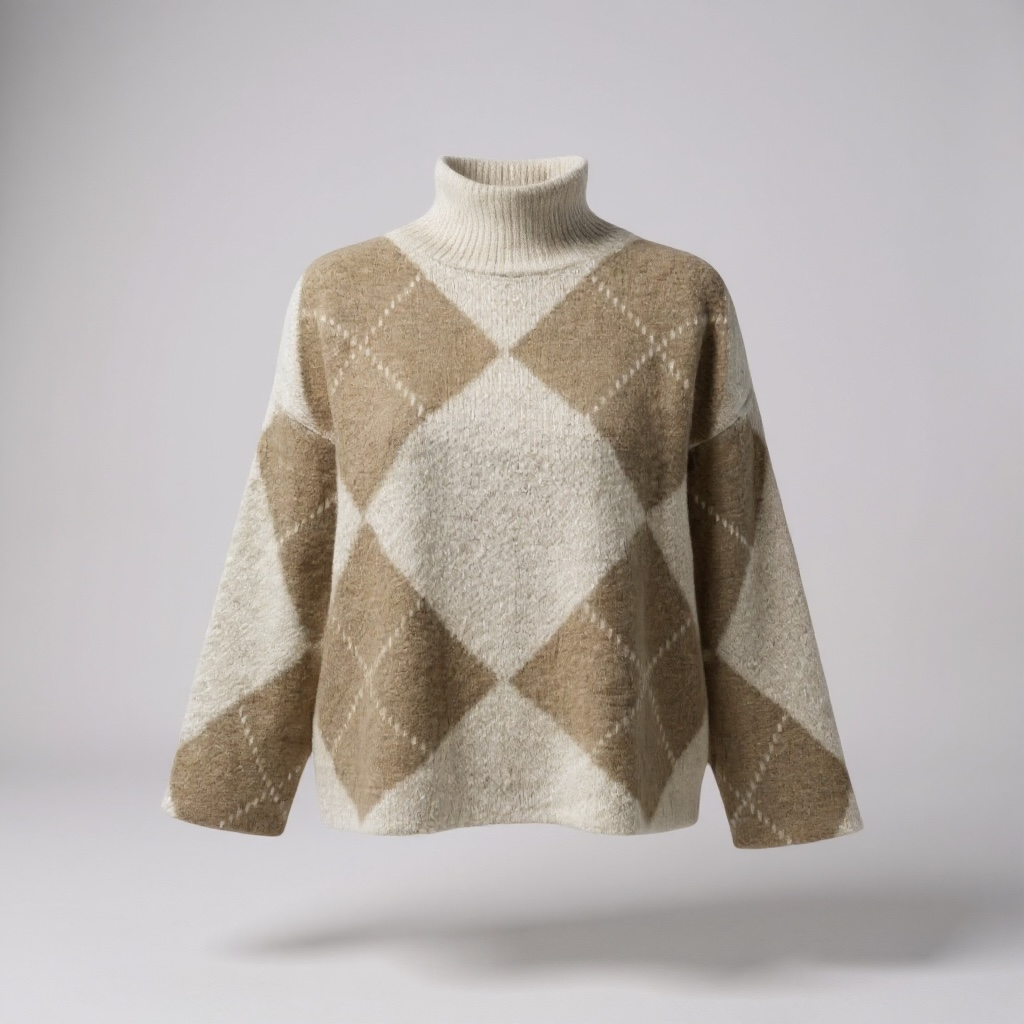 Beige/Camel Argyle High Neck Jumper