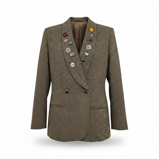 Brown Dogtooth Blazer with Sequin and Broach Detail