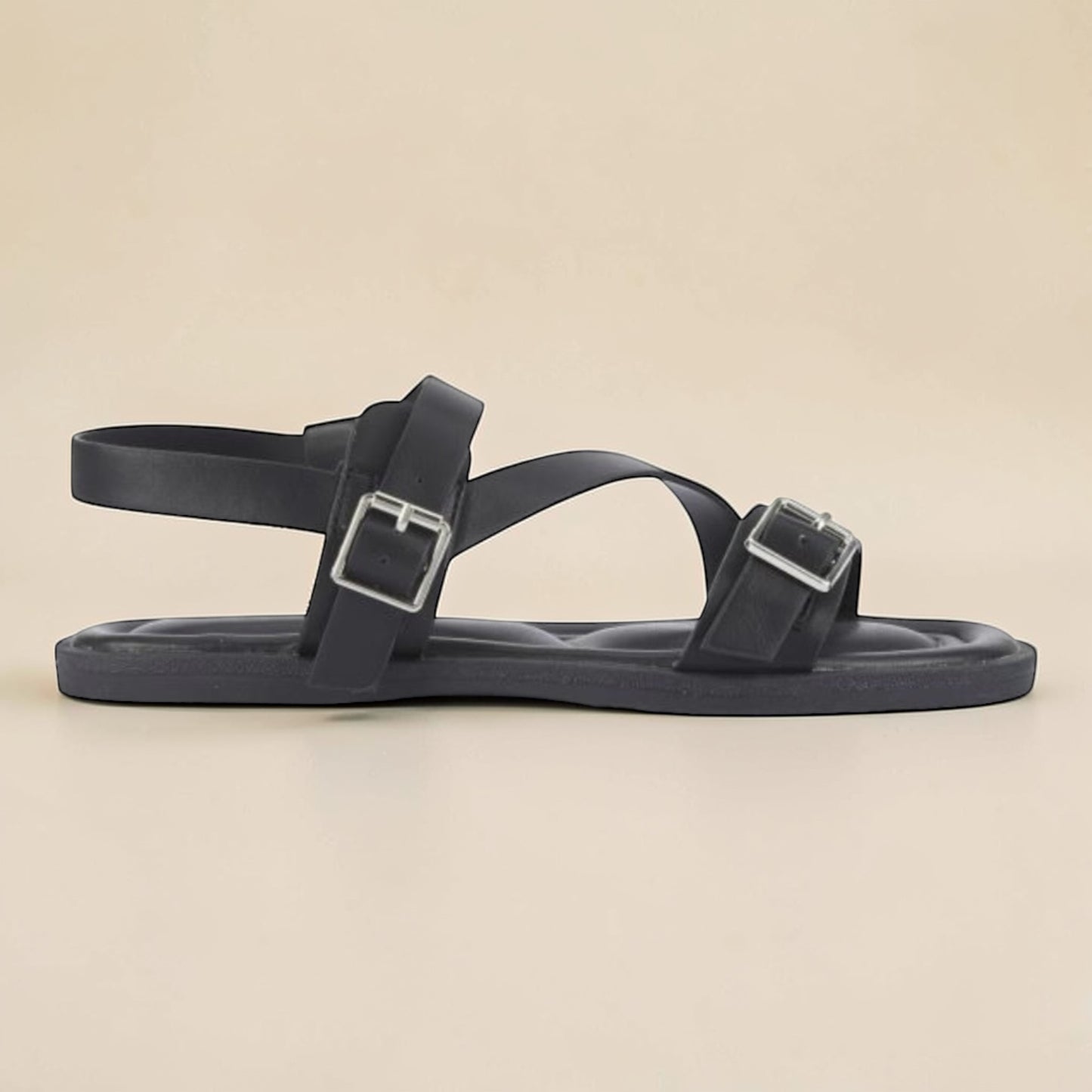 Black Extra Padded Sole Buckle Strap Sandal
