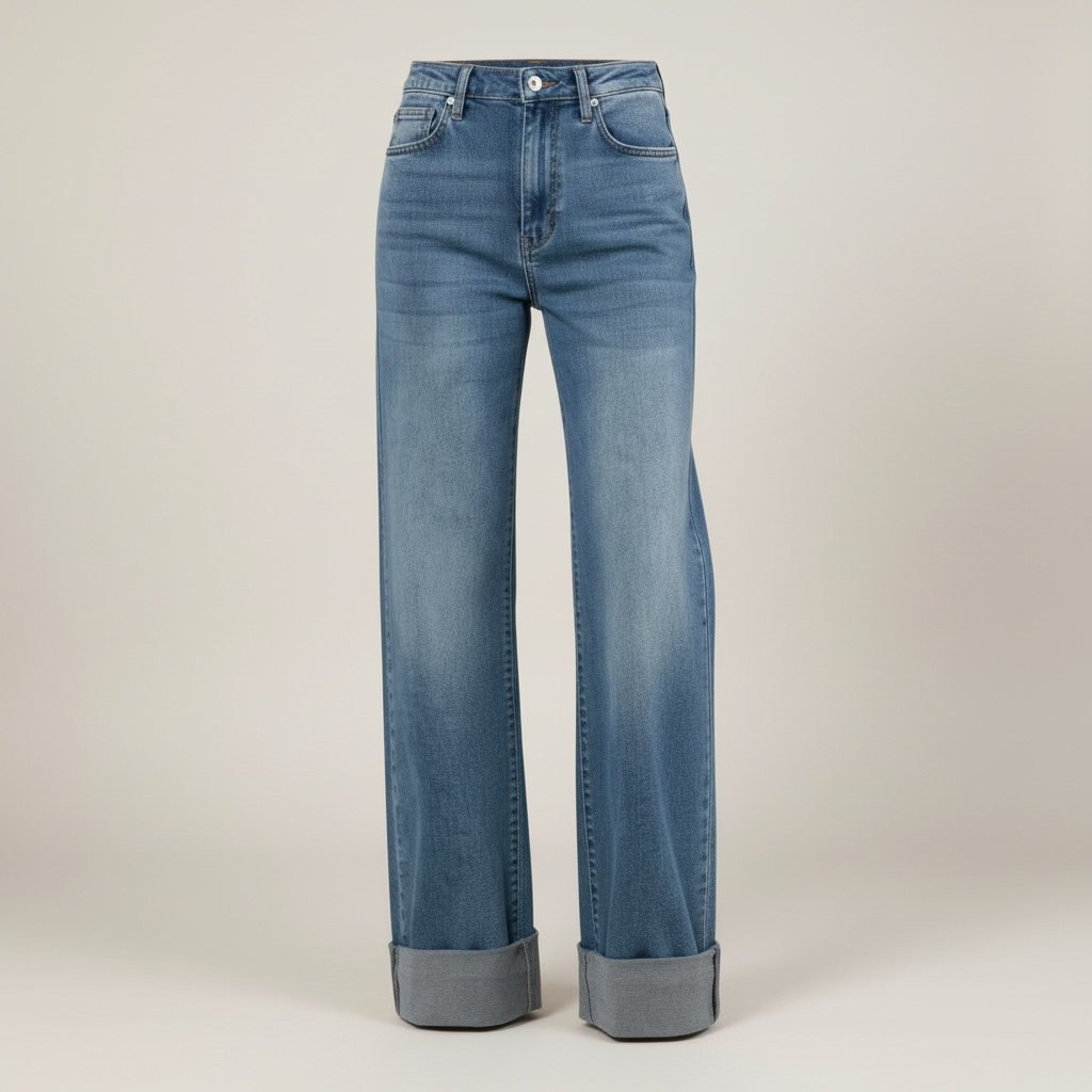 Mid Blue High Waist Cuff Jeans
