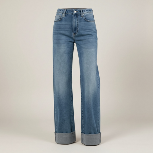 Mid Blue High Waist Cuff Jeans