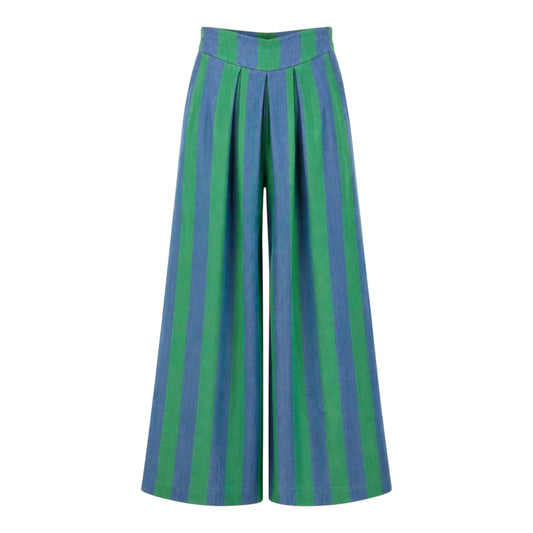 Denim with Green Stripe Wide Leg Trousers