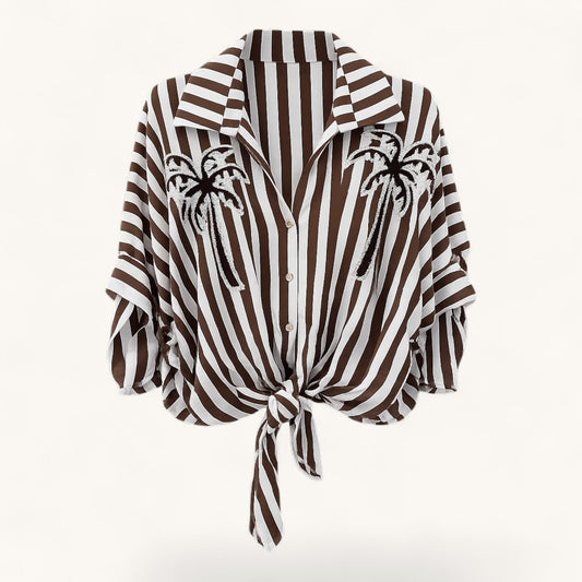 Brown Stripe Embroidered Palm Tree Shirt
