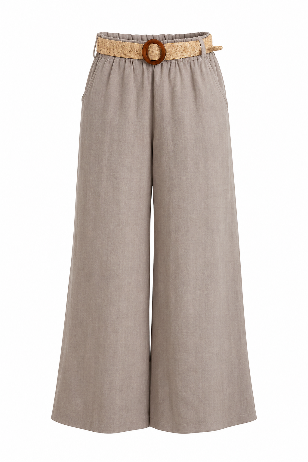 Feather & Sole taupe linen trousers with an elasticated waist and raffia belt.
