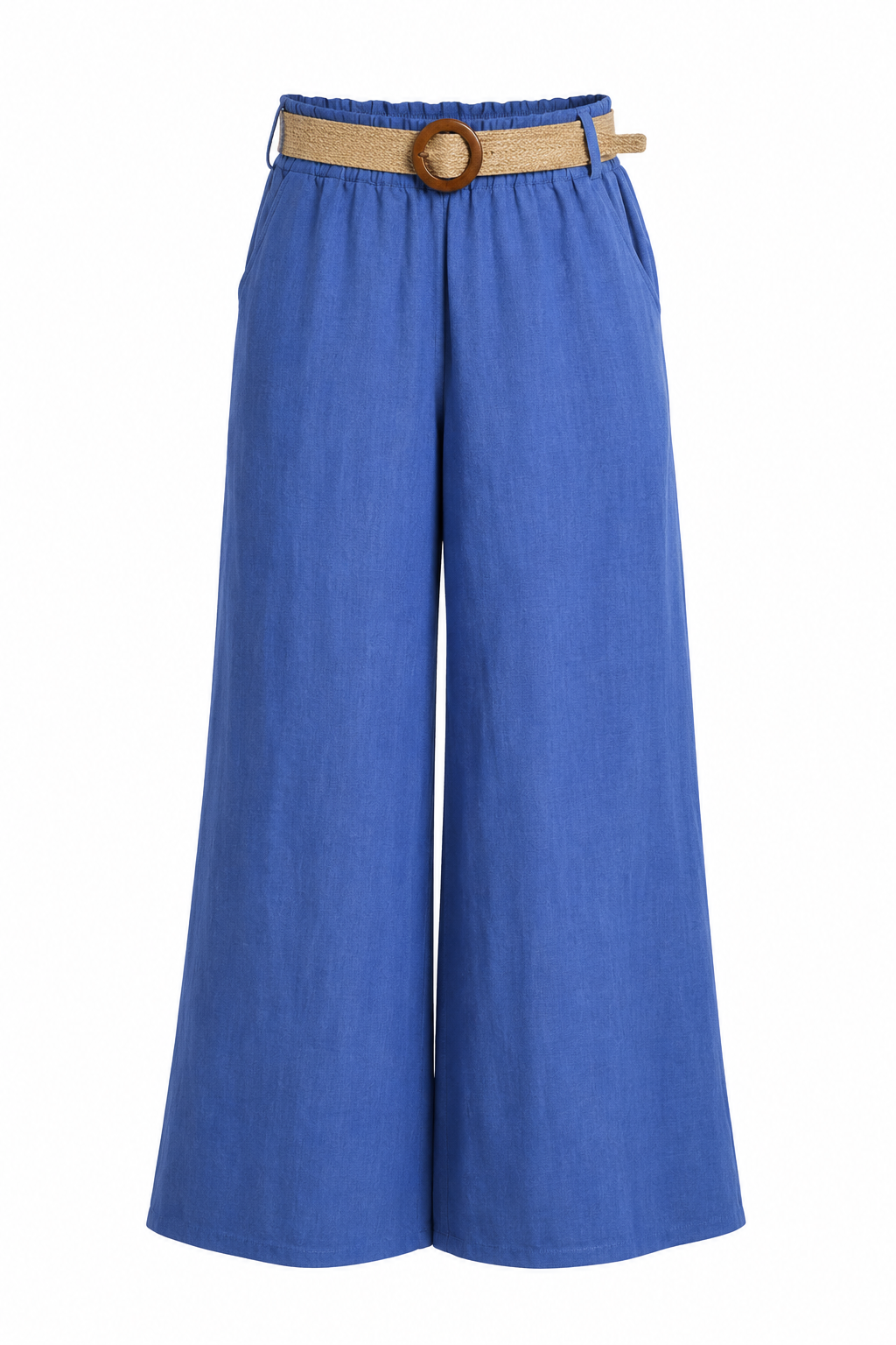 Feather & Sole blue linen trousers with an elasticated waist and raffia belt.