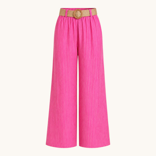 Feather & Sole pink striped cotton trousers with an elasticated waist and raffia belt.