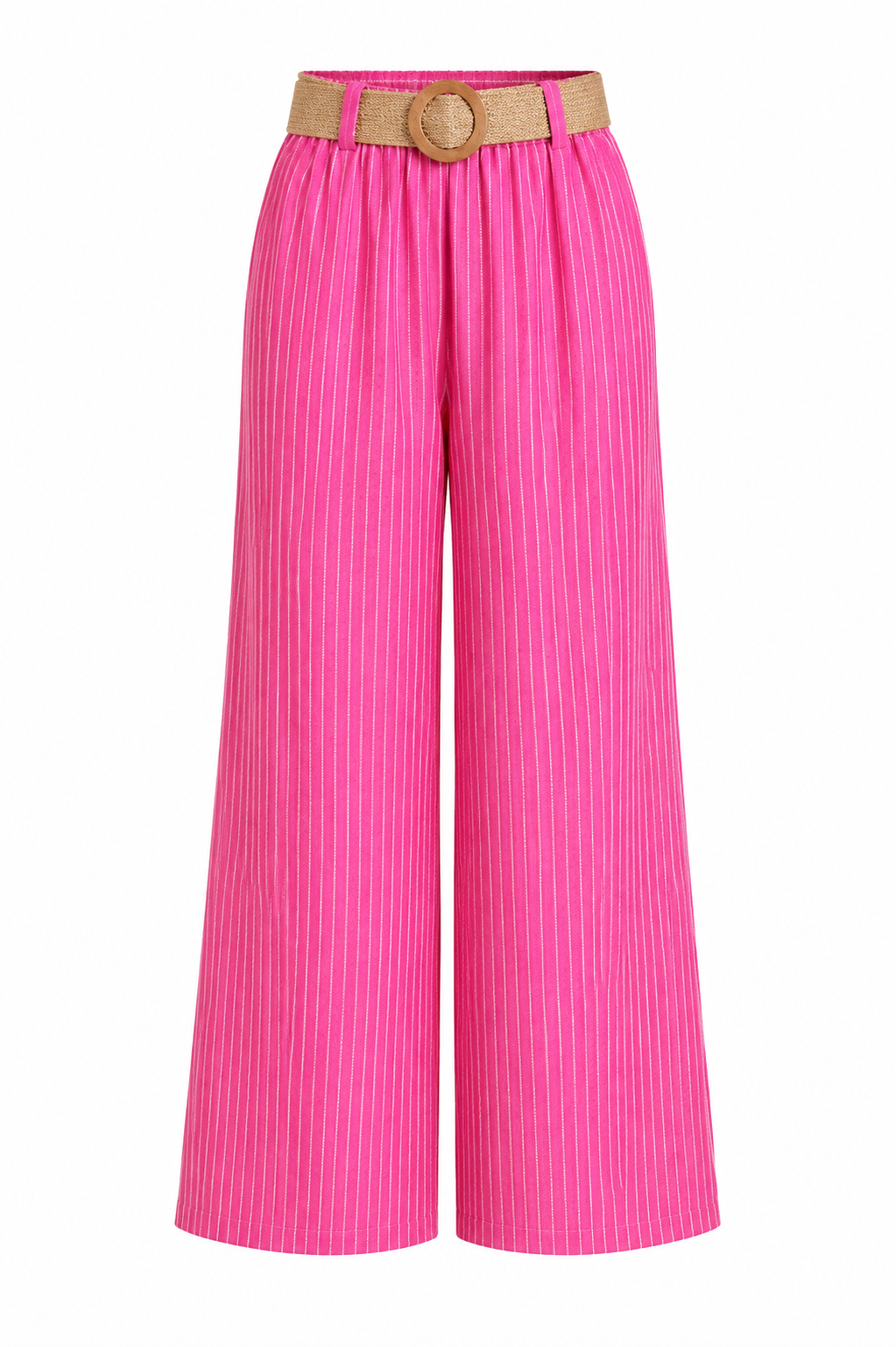 Feather & Sole pink striped cotton trousers with an elasticated waist and raffia belt.