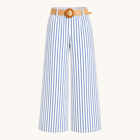Feather & Sole white and blue striped cotton trousers with an elasticated waist and raffia belt.