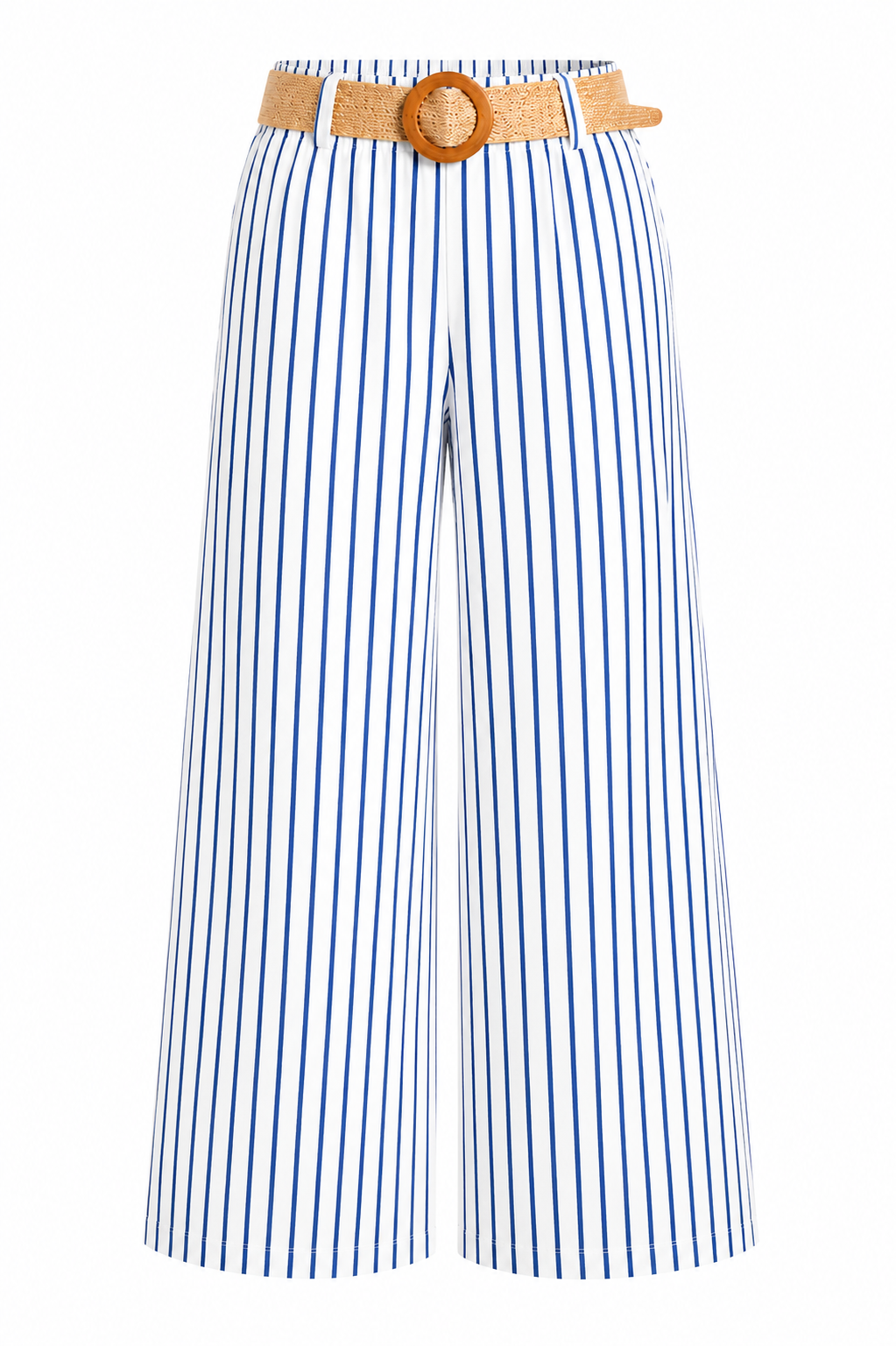 Feather & Sole white and blue striped cotton trousers with an elasticated waist and raffia belt.