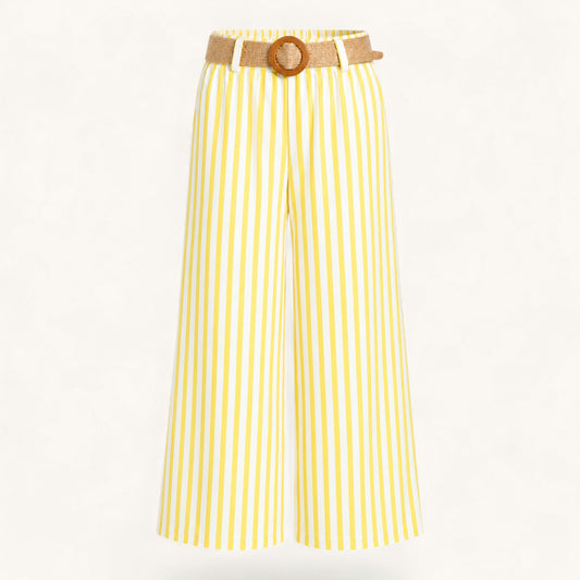 Feather & Sole lemon striped cotton trousers with an elasticated waist and raffia belt.