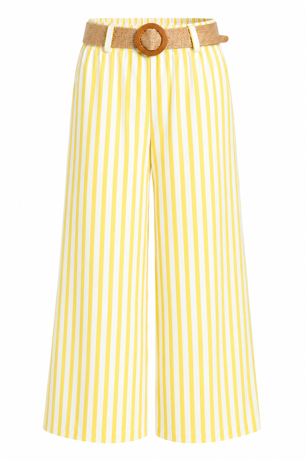 Feather & Sole lemon striped cotton trousers with an elasticated waist and raffia belt.