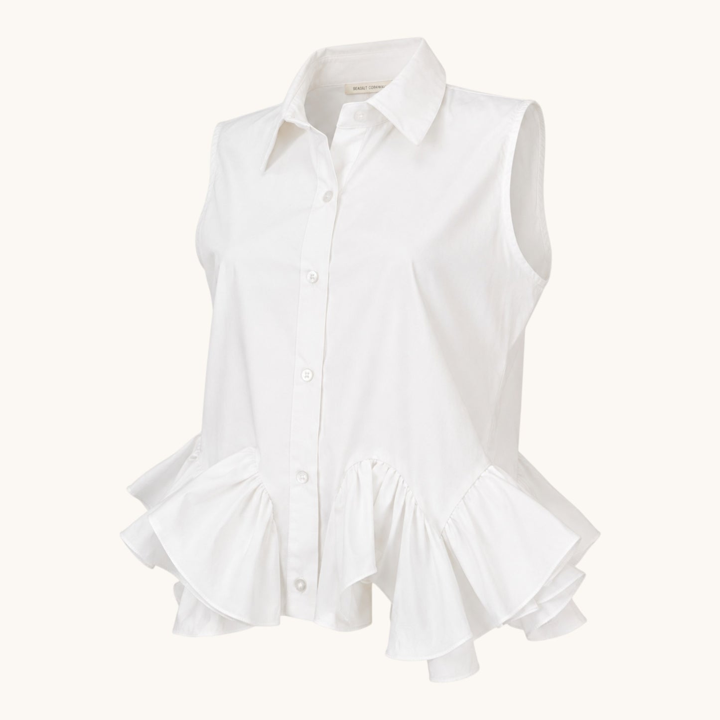 White Cotton Wavy Hem Sleeveless Shirt