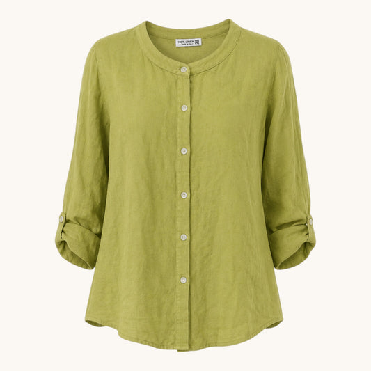 Feather & Sole green linen collarless shirt with long sleeves and a relaxed fit.