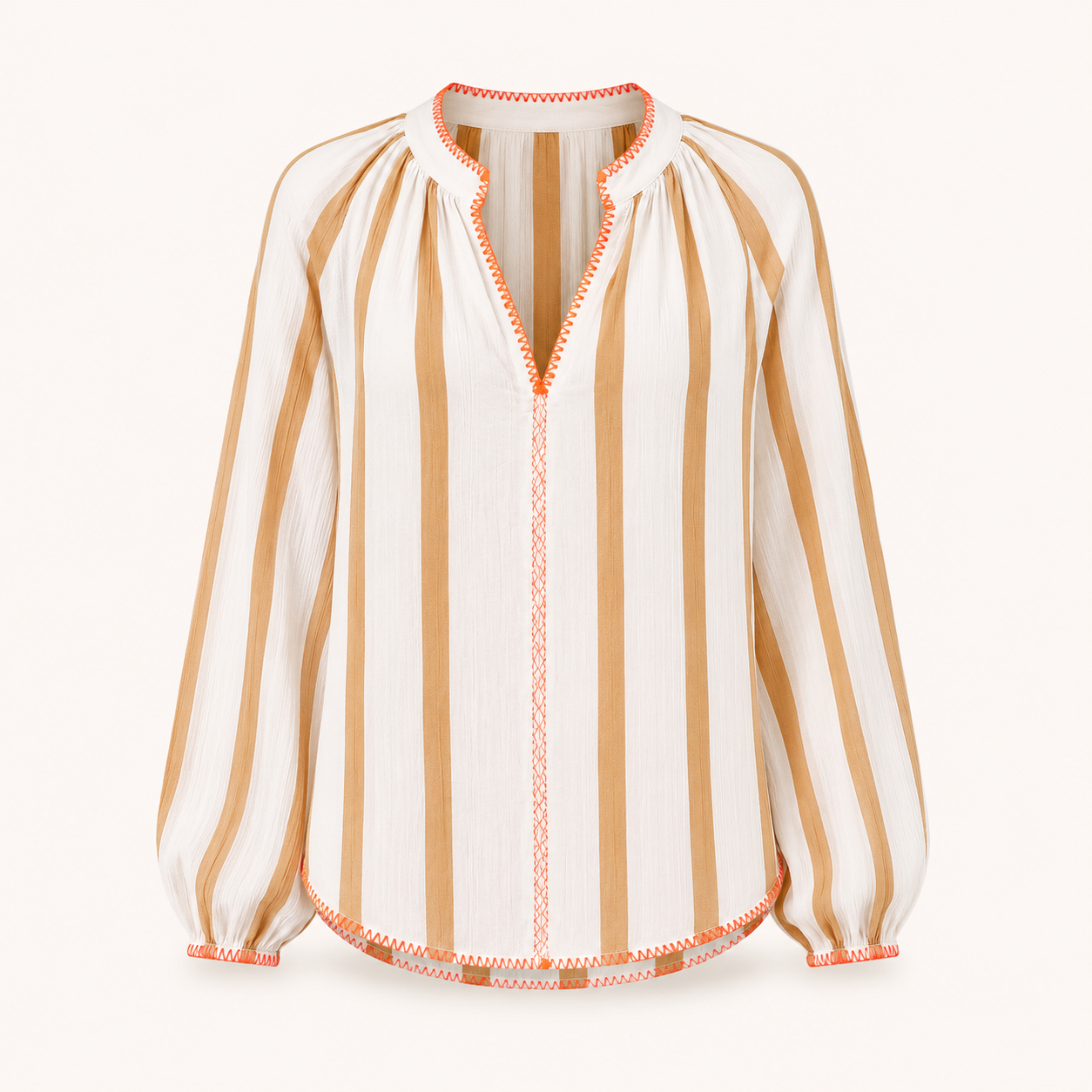 Beige Stripe with Contrast Stitch Cotton Over Shirt