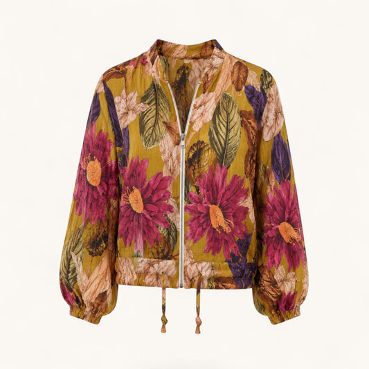 Mustard Floral Printed Bomber Jacket