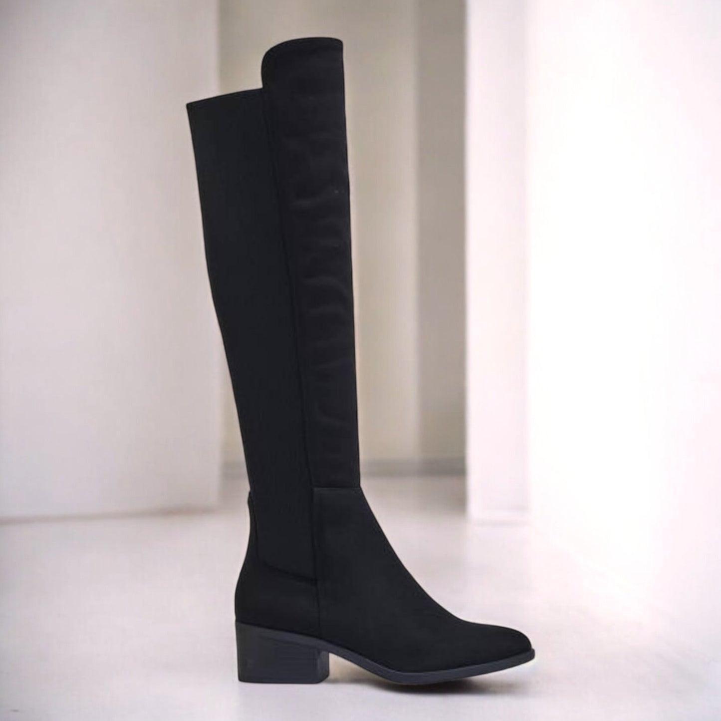 Black Suedette Stretch Back Knee Boot