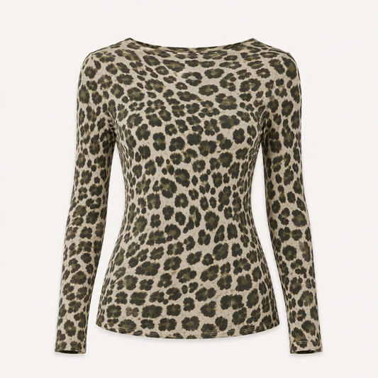 Khaki Leopard Cashmere Blend Layering Top