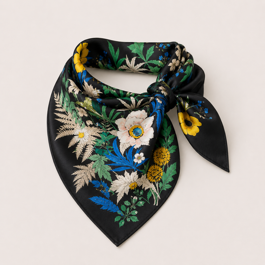 Navy Floral Print Silk Scarf