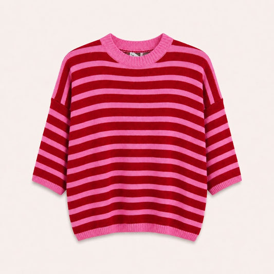 Pink and Red Stripe 3/4 Alpaca Knit Top