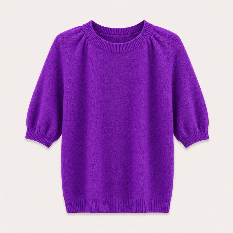 Purple Gathered Neckline Alpaca Blend 3/4 Sleeve Knit Top