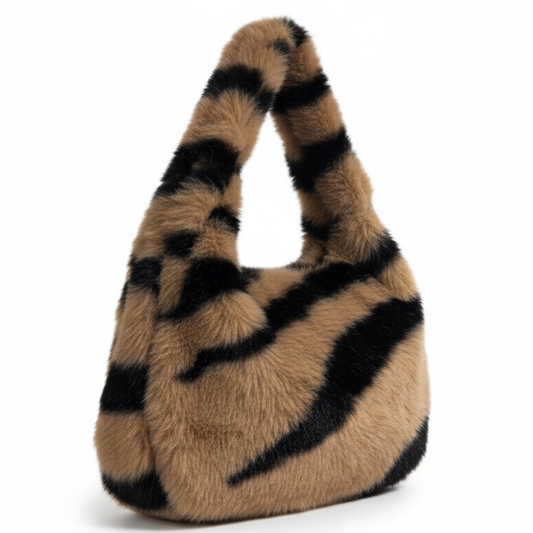 Camel and Brown Faux Fur Stripe Shoulder Bag with Crossbody Strap