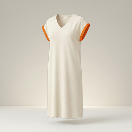 Cream T-Shirt Dress with Orange Sleeve Detail