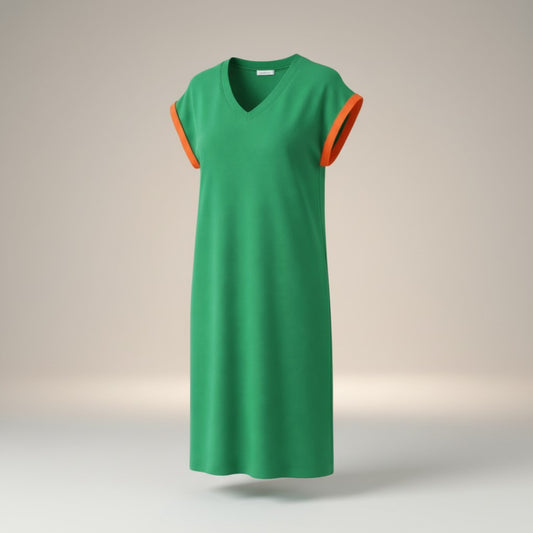Green T-Shirt Dress with Orange Sleeve Detail