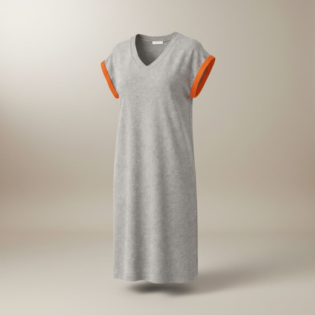 Grey Marl T-Shirt Dress with Orange Sleeve Detail