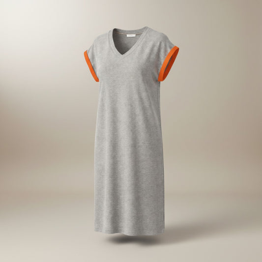 Grey Marl T-Shirt Dress with Orange Sleeve Detail