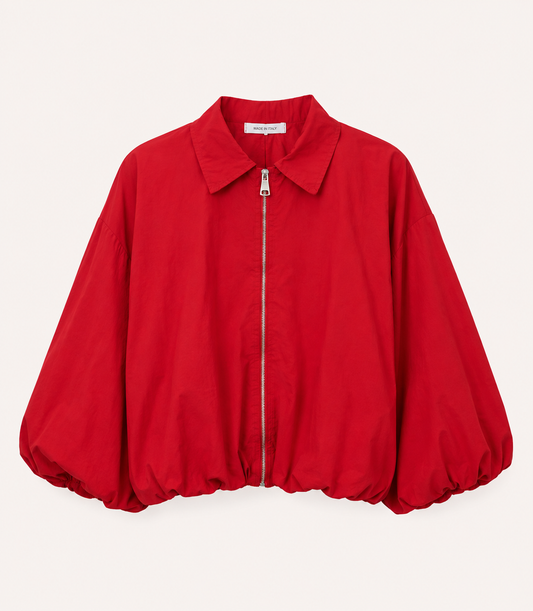 Red Puff Hem Zip Front Jacket