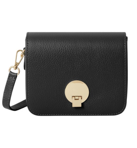 Black Leather Crossbody Bag with Gold Circular Clasp