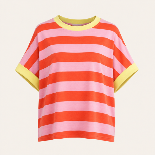 Orange/Yellow Stripe Short Sleeve T-Shirt with Pink Trim
