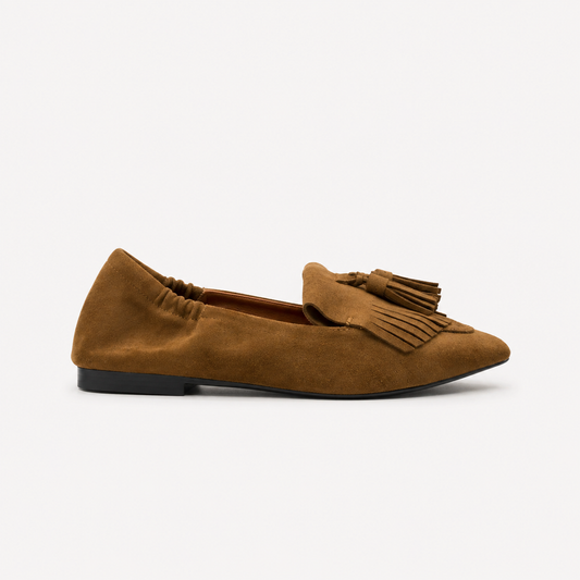 Tan Point Tassel Suedette Loafers