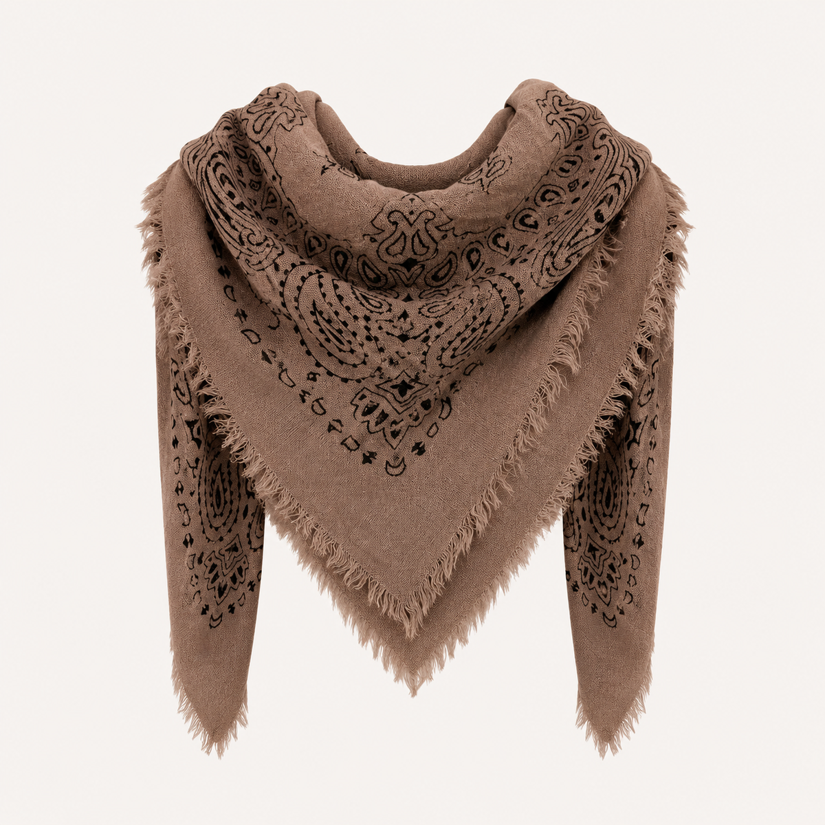 Taupe Paisley Wool Blend Frayed Square Scarf