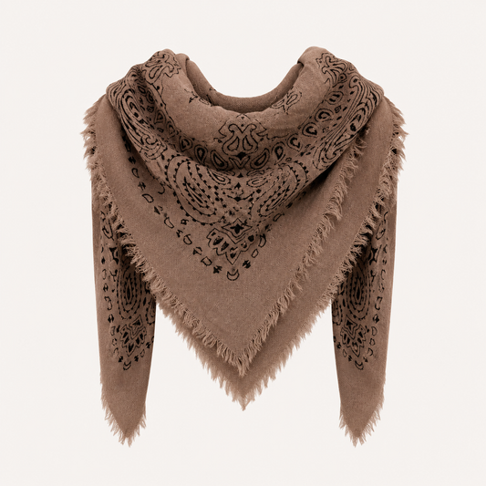 Taupe Paisley Wool Blend Frayed Square Scarf