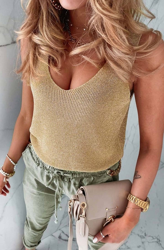 Sleeveless Shimmer Short Vest Top Gold
