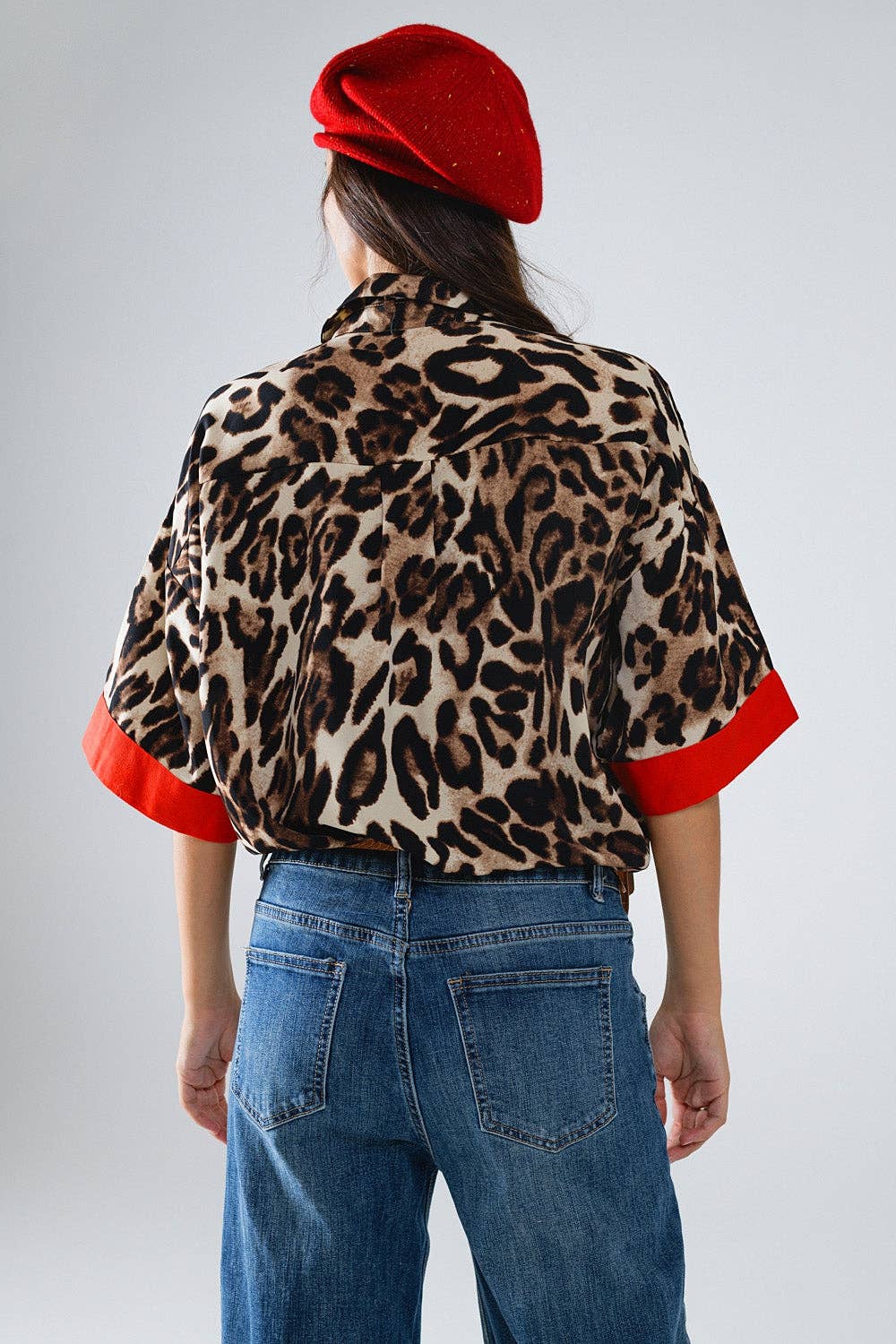Leopard 3/4 Sleeves Shirt WIth Red Detail