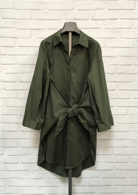 Olive Tie Front Long Cotton Shirt