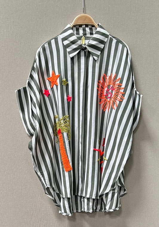 Green Stripe Embroidered Shirt