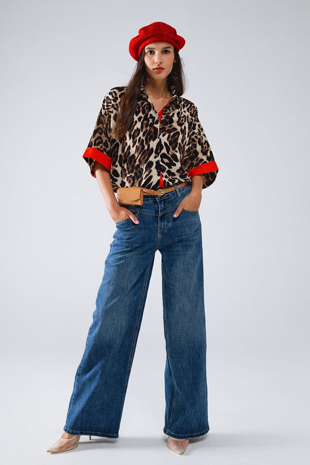 Leopard 3/4 Sleeves Shirt WIth Red Detail