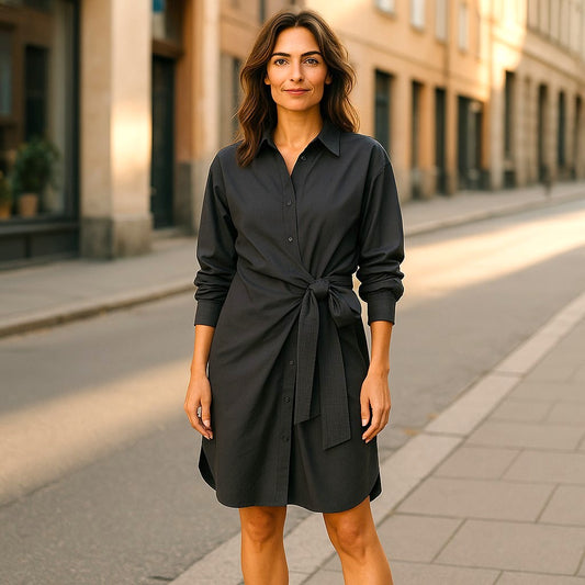 Charcoal Tie Front Cotton Long Shirt