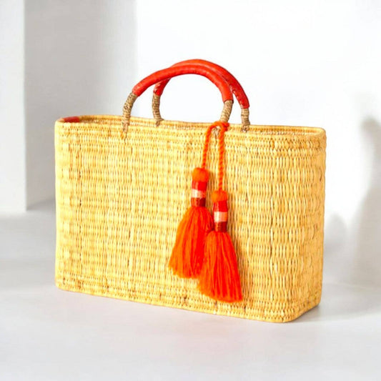 Market Woven Storage Basket Bag – Crafted from Palm Leaf: Orange